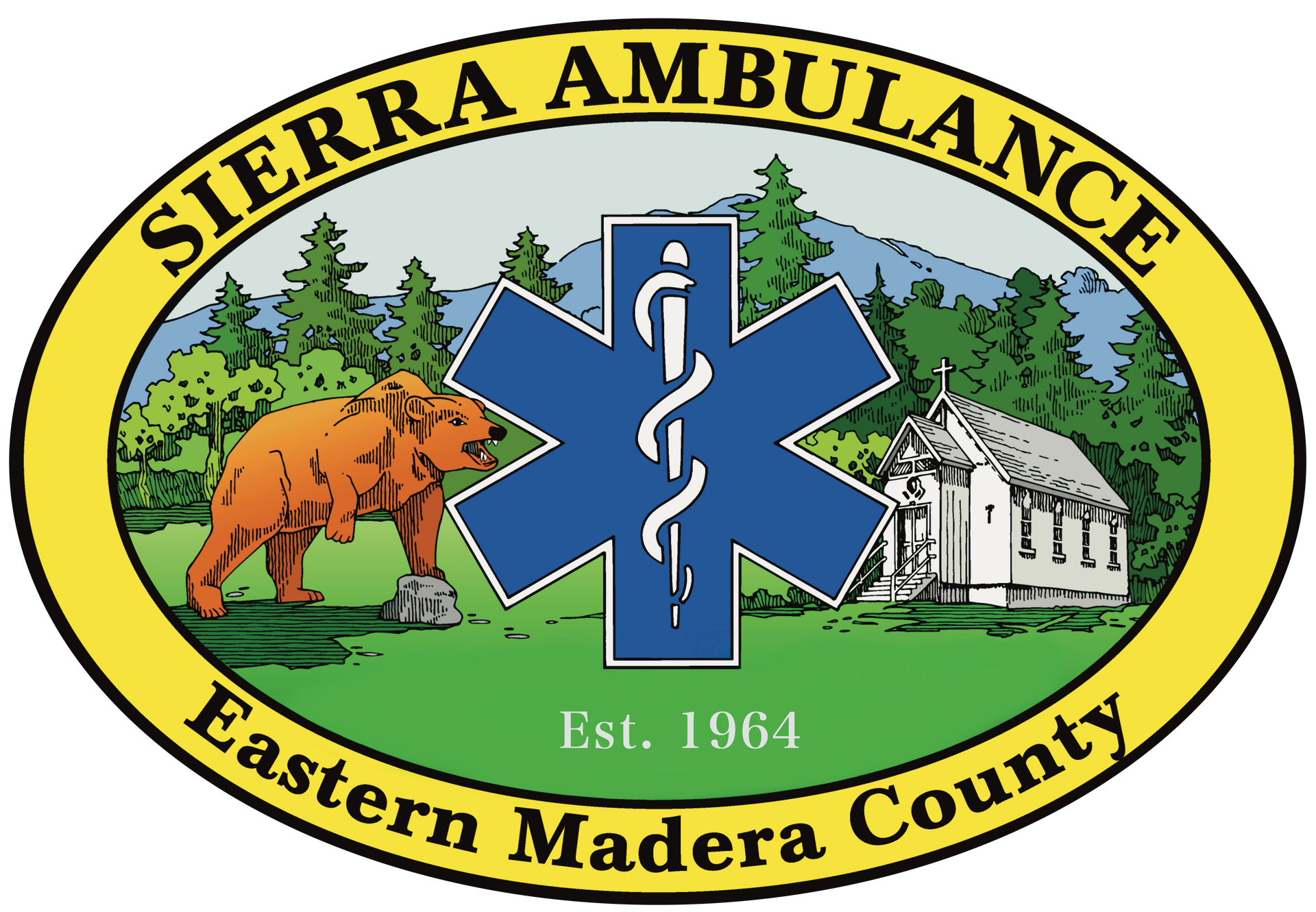 Sierra Ambulance logo: bear, Star of Life, mountains, church,
