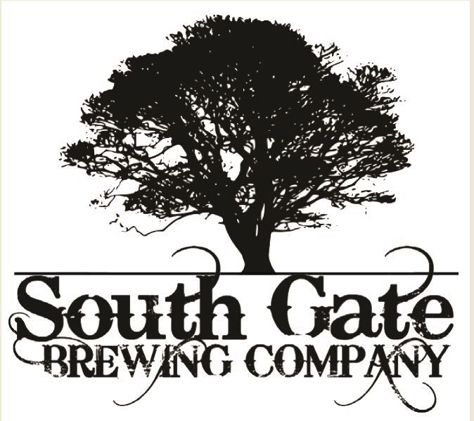 Logo for South Gate Brewing Company featuring a black silhouette of a large tree above stylized black text.