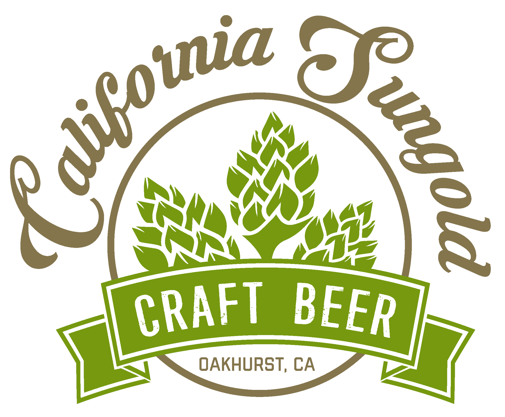 California Sungold Craft Beer logo with a hop leaf in a circle. Green and brown colors.
