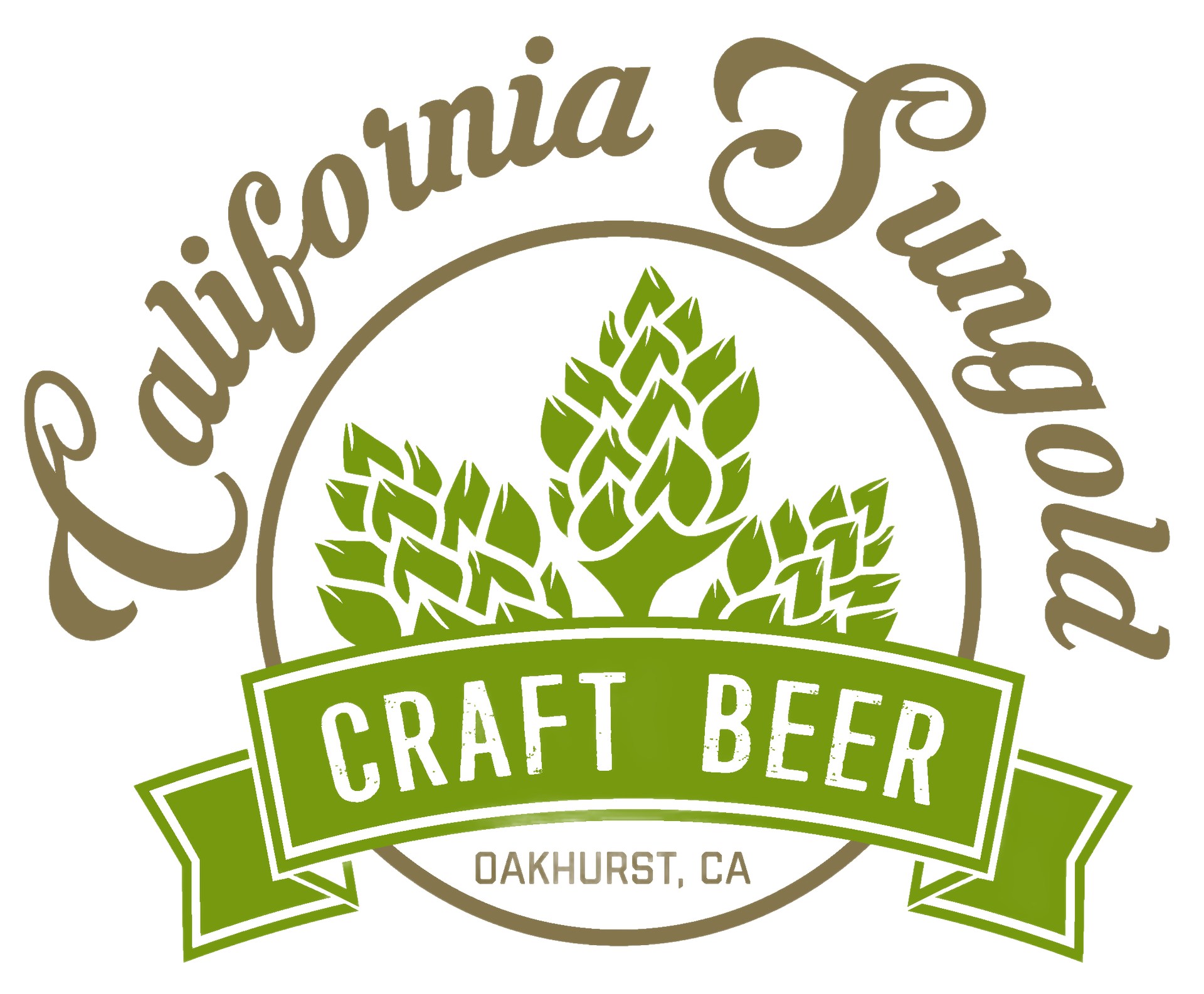 California Sungold Craft Beer logo with a hop leaf in a circle. Green and brown colors.