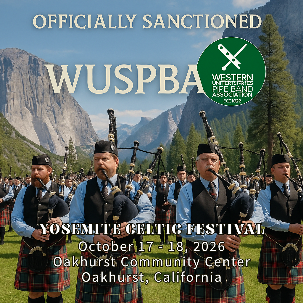 Group of bagpipers in kilts, mountains in the background, WUSPBA logo, and text