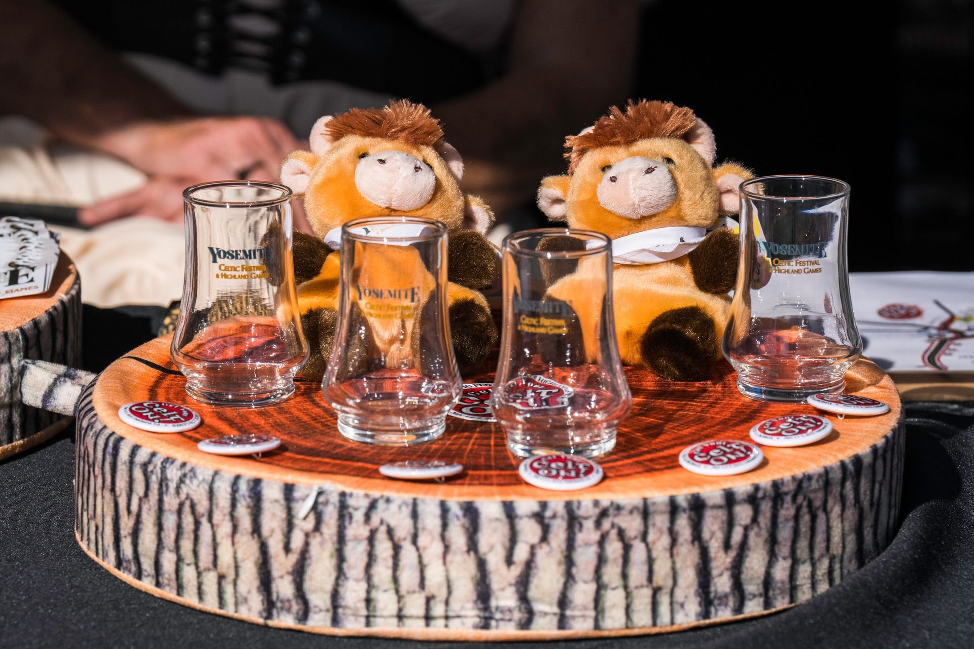 whiskey glasses with highland cows at yosemite celtic festival