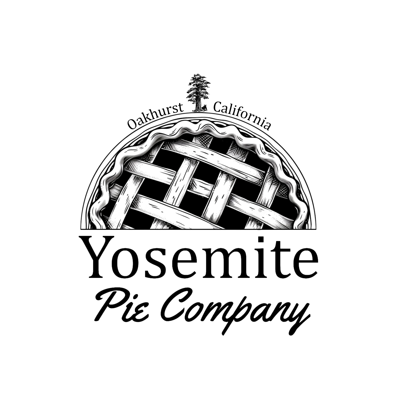Yosemite Pie Company logo: pie crust top with lattice design, tree and text