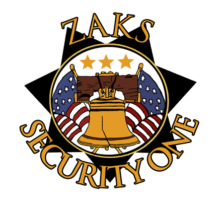 Logo for Zaks Security One featuring a gold Liberty Bell, American flags, and stars, within a gold-bordered black star.