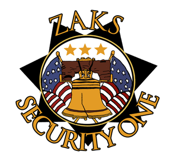 Logo for Zaks Security One featuring a gold Liberty Bell, American flags, and stars, within a gold-bordered black star.