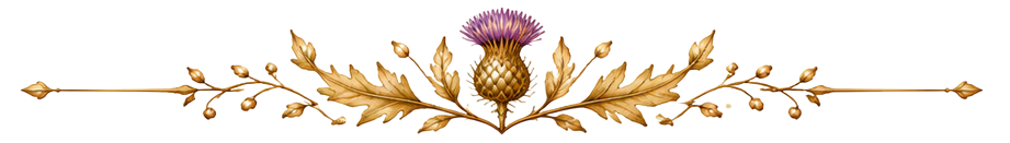 Gold ornamental divider with leaves, berries, and a purple flower centered on a white background