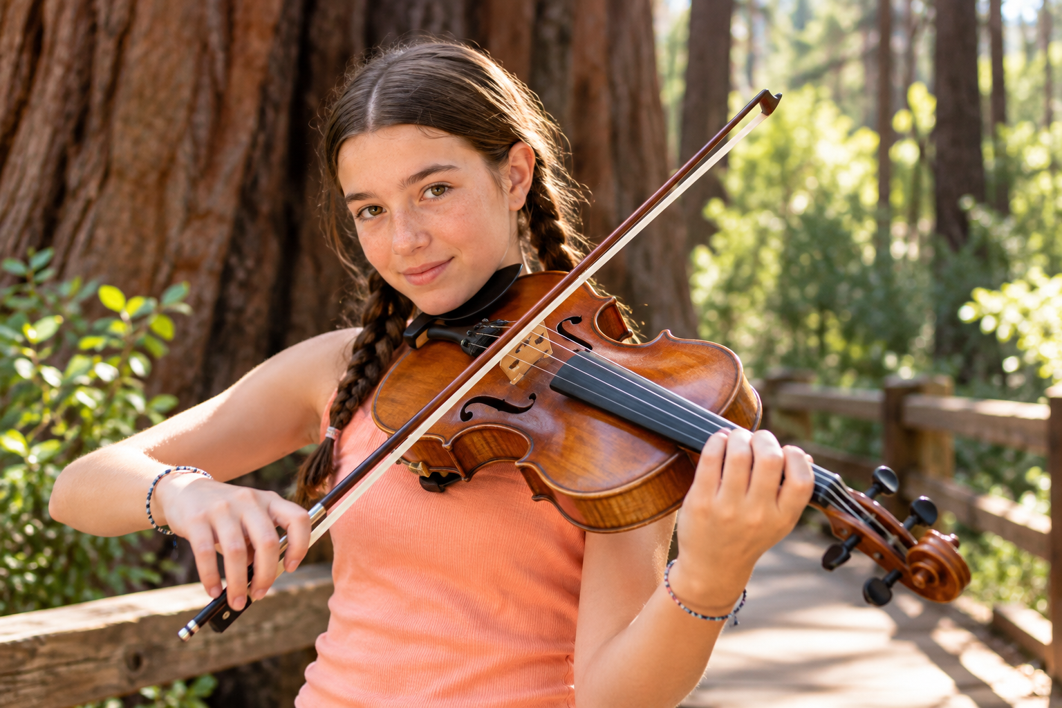 Young violinist in an orange shirt playing outdoors on a sunlit wooden bridge