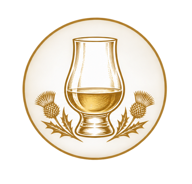 Golden whiskey glass logo with barley stalks in a circular emblem