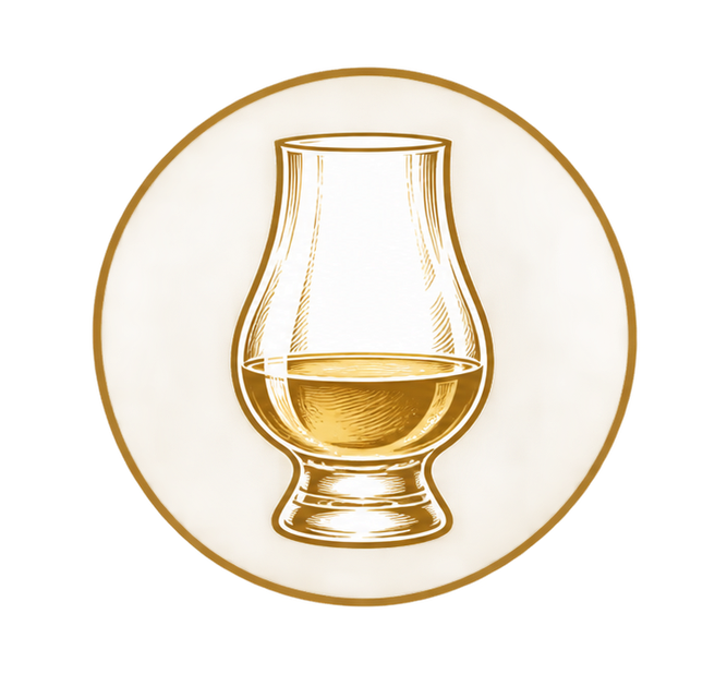 Gold whisky glass icon inside a gold circle on a white background