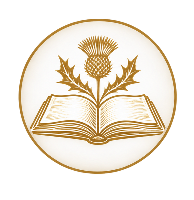 Gold emblem of an open book with a thistle and leaves inside a circle