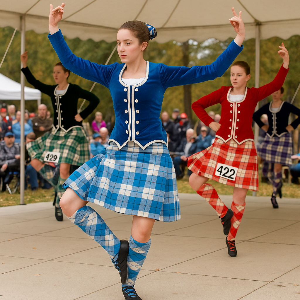 Scottish Highland dancers performing outdoors, wearing kilts and jackets.