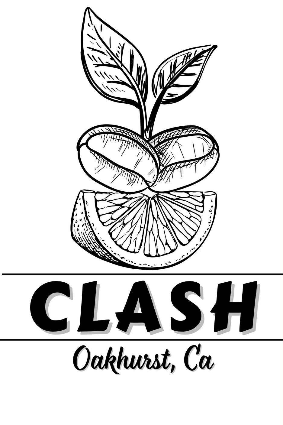 Logo for Clash in Oakhurst, CA; coffee bean and lemon slice stacked with leaves, over the word