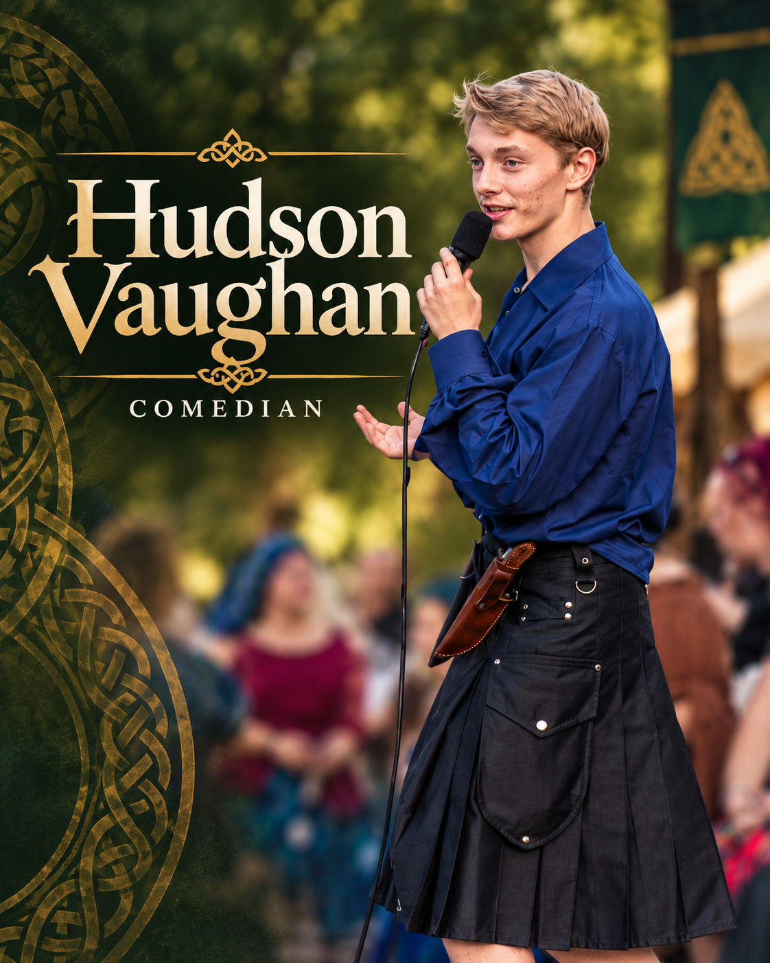 Hudson Vaughan performing a comedy set at the Yosemite Celtic Festival