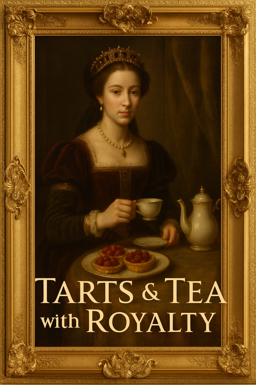 Portrait of a woman holding a teacup, wearing a crown, with tarts and a teapot. Text: