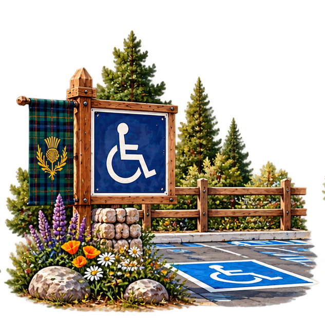 Accessible parking sign by a wooden fence with flowers and blue handicapped parking spaces under trees