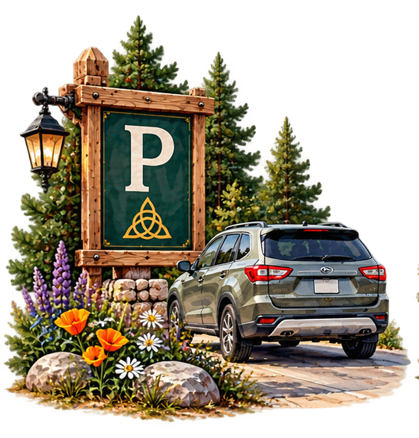 SUV parked beside a rustic parking sign, lamp, flowers, and pine trees in a mountain setting