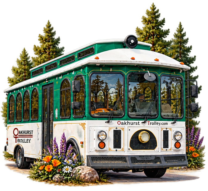 Green and white trolley bus with arched windows, parked among flowers and trees