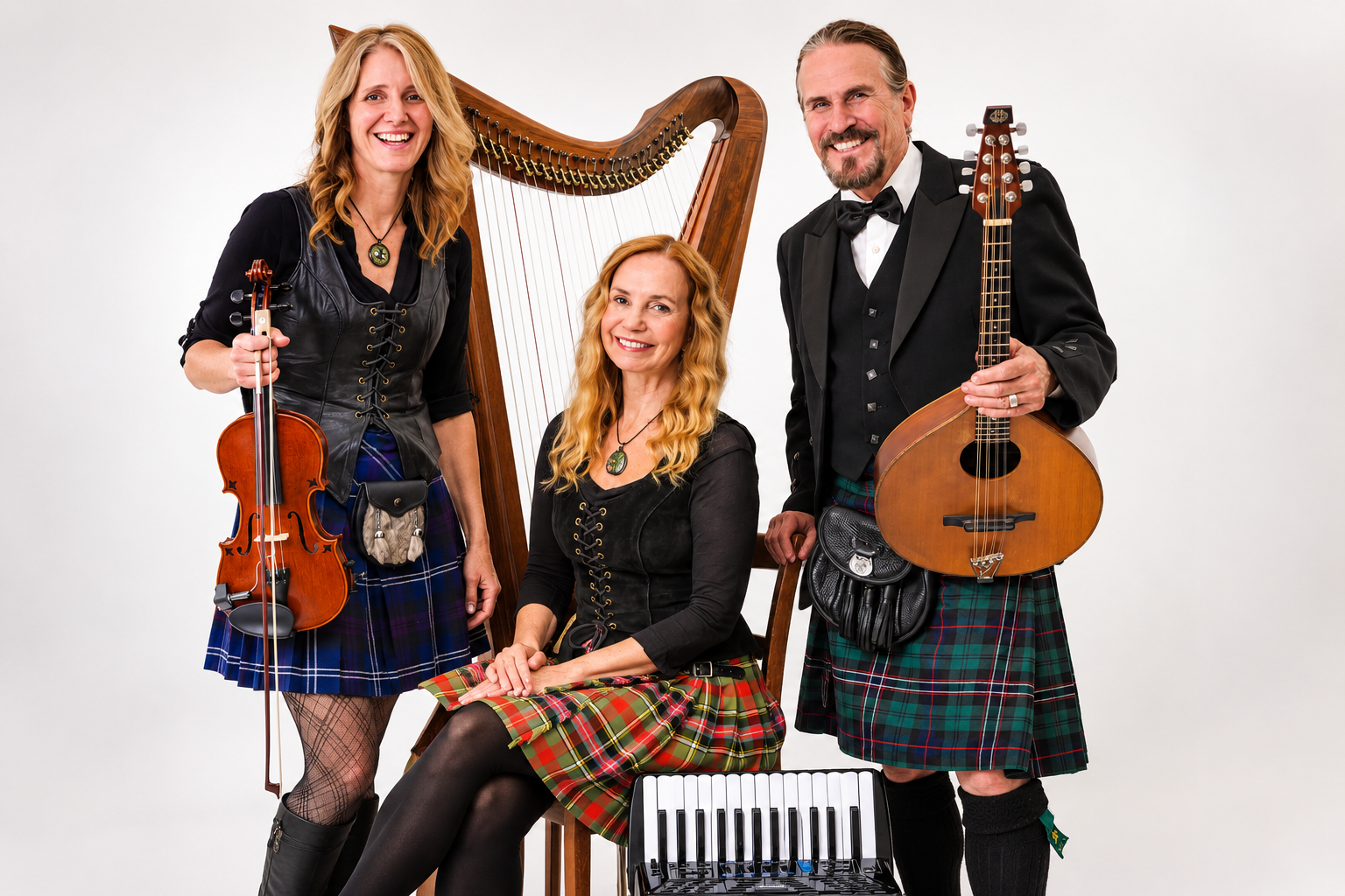 Three musicians in tartans pose with violin, harp, and bagpipes on a white background