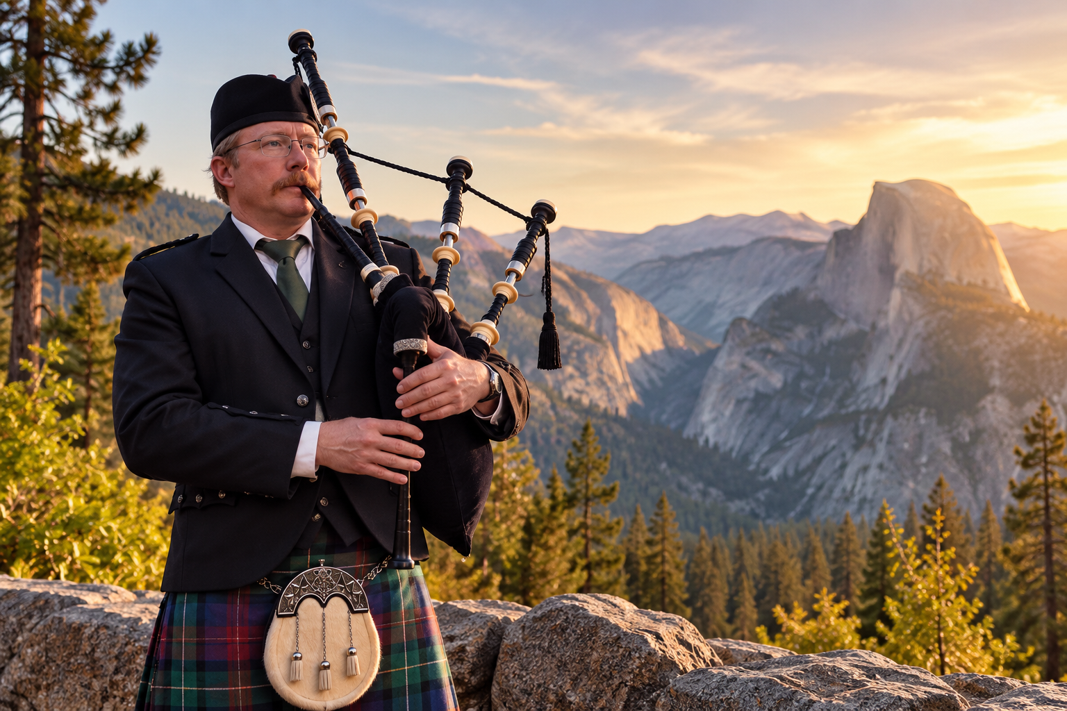 Bagpiper in a black coat and tartan kilt playing outdoors with mountains at sunset behind him