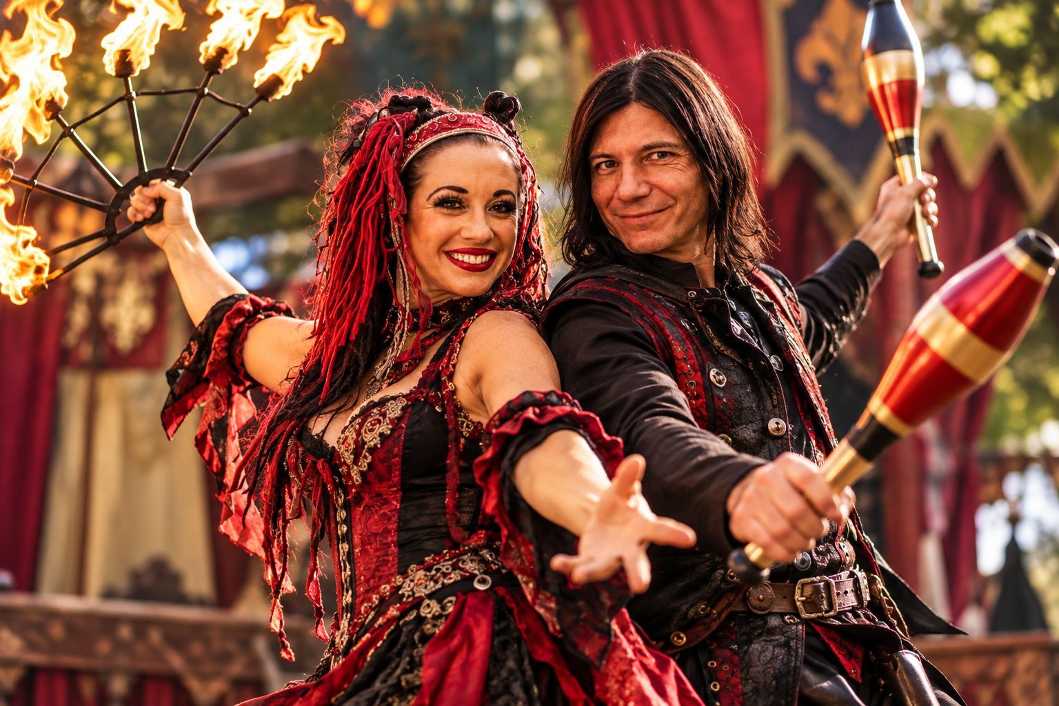 Two fire dancers in red-black costumes pose with flaming batons outdoors at dusk