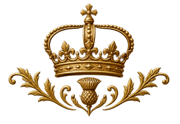 Gold crown with ornate floral accents on a white background