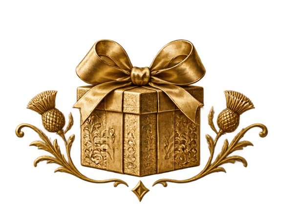 Gold gift box with a large bow, flanked by decorative thistle motifs on a white background
