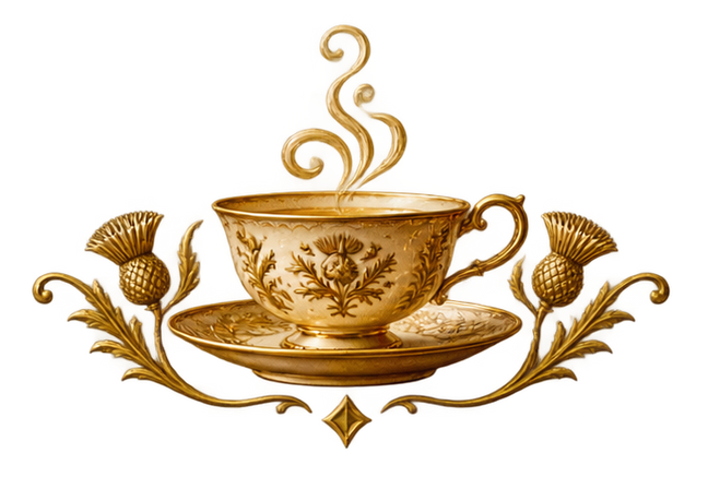 Gold floral teacup and saucer with steam on white background, framed by ornate leaves