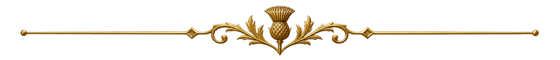 Gold decorative horizontal divider with centered floral ornament and small diamonds on a white background