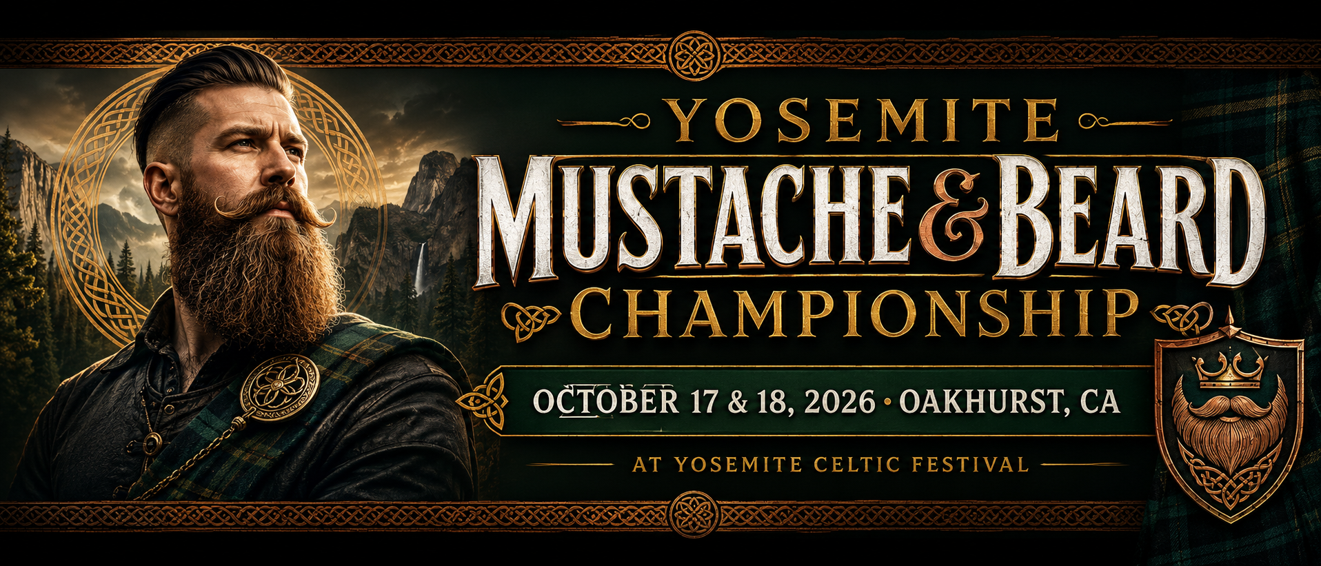 Yosemite Mustache & Beard Championships poster with bearded man, mountain backdrop, and event details.
