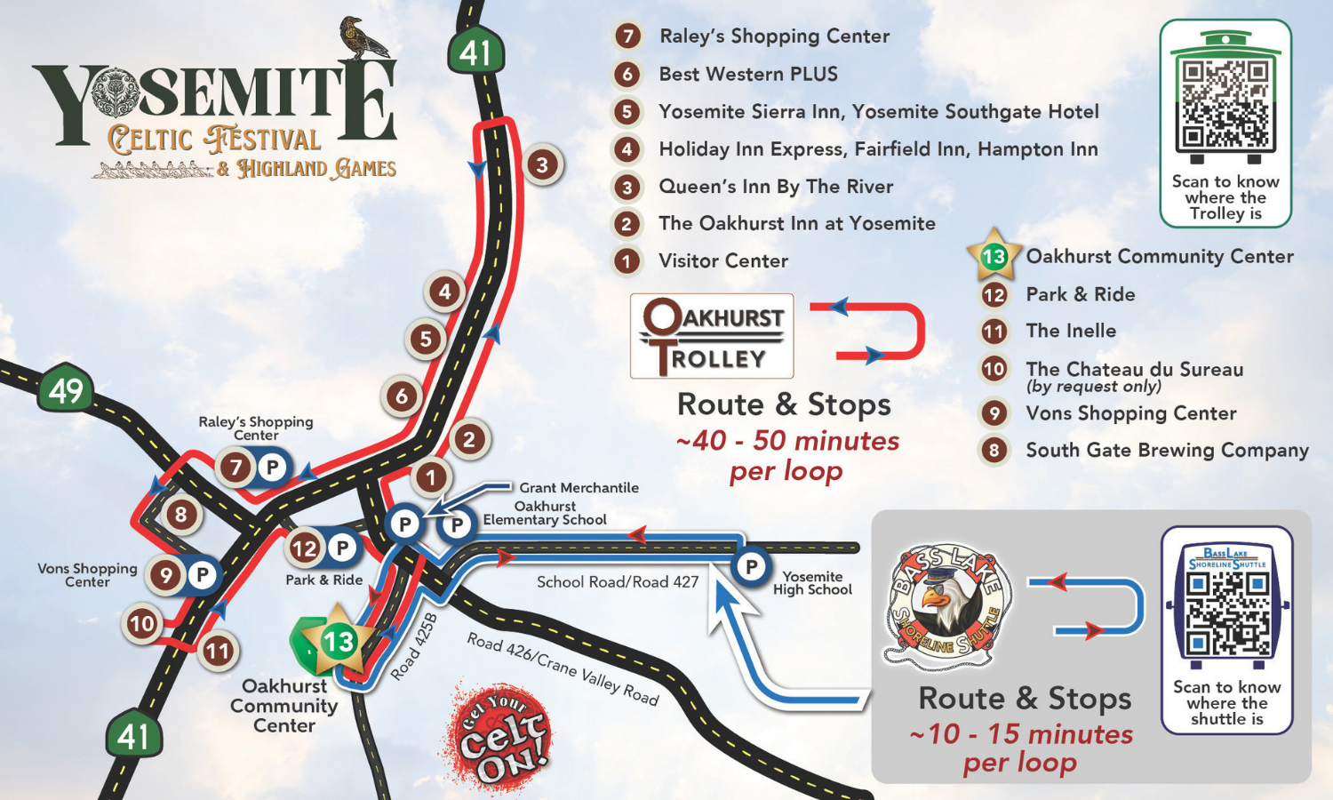 Map of Yosemite Celtic Festival trolley route with stops around Oakhurst.