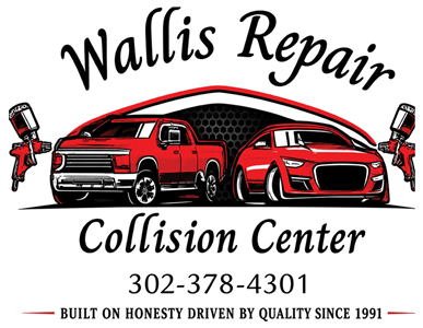 Wallis Repair Collision Center logo with red classic and sports cars, phone number 302-378-4301