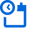Une icône bleue avec une horloge au milieu sur un fond blanc.