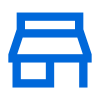 Une icône bleue d'un magasin avec un auvent sur fond blanc.