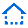Une maison bleue avec un toit bleu et des carrés sur fond blanc.