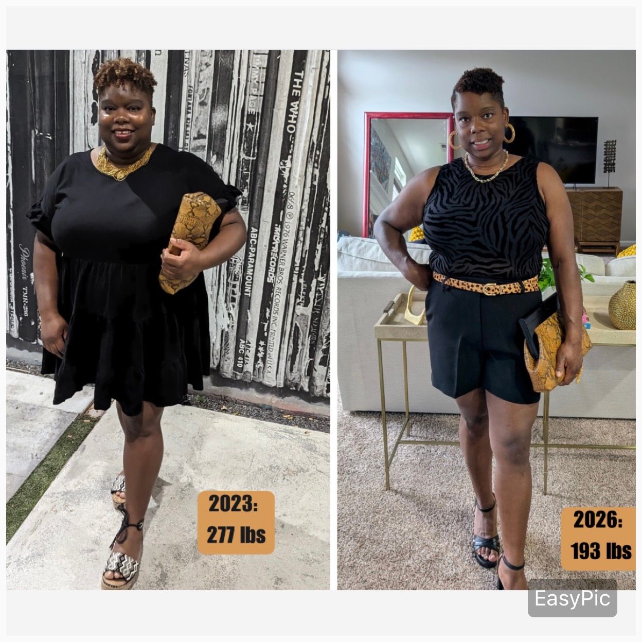 Before and after medical weight management, 277 lbs in 2023 to 193 lbs in 2026