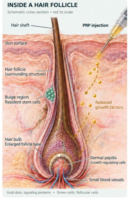 Diagram inside a hair follicle showing the hair shaft, bulge region stem cells, hair bulb, dermal papilla, blood vessels, and growth factors released from a PRP injection