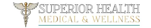 Superior Health Medical & Wellness logo with gold caduceus icon and gray text