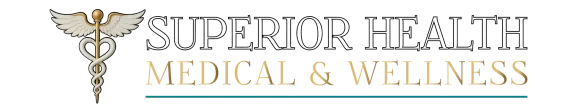 Superior Health Medical & Wellness logo with gold caduceus icon and gray text