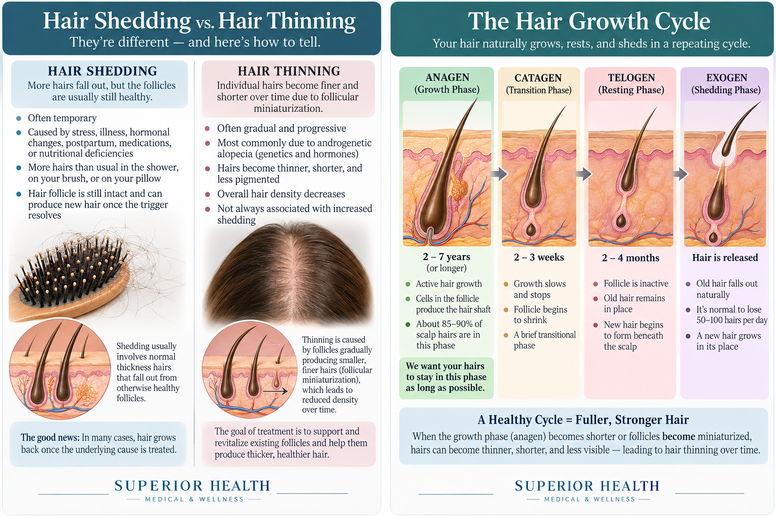 Infographic comparing hair shedding and hair thinning, and the four phases of the hair growth cycle: anagen, catagen, telogen, and exogen