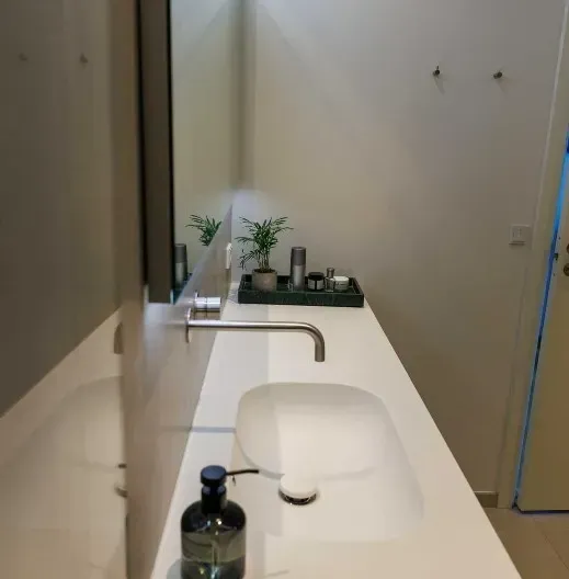 Moderne badeværelse med hvid bordplade, integreret håndvask og spejl. Planter, sæbe og tilbehør er udstillet.
