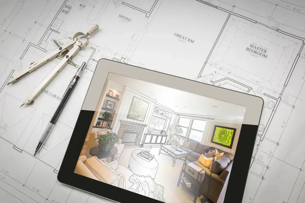 Tablet displaying interior design rendering, overlaid on architectural blueprints with drafting tools.