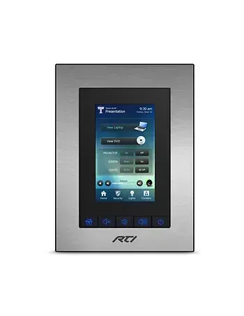 Silver RTI touch panel displays time, timeclock options, and system controls.