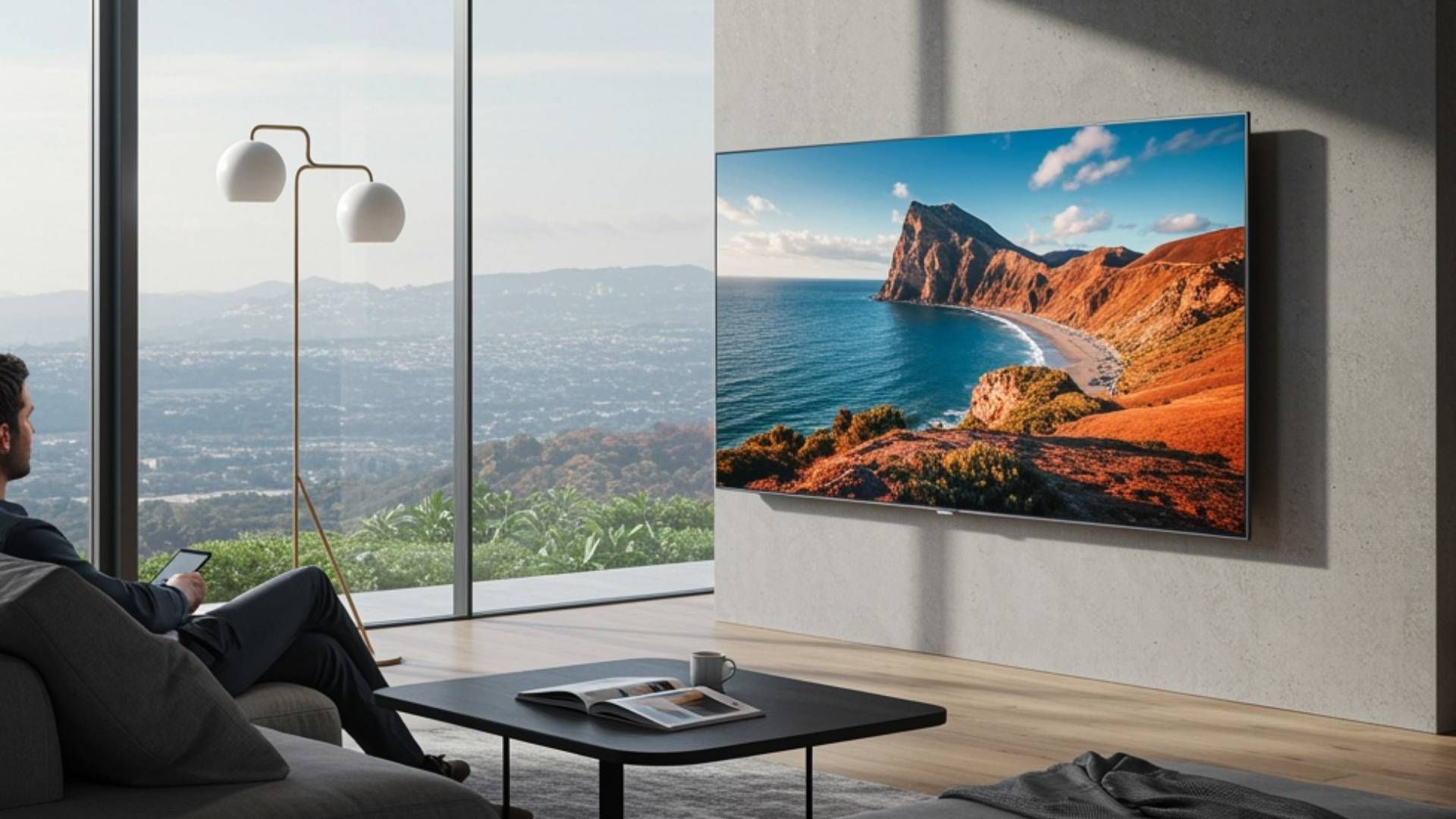 Person watches TV with ocean view. TV displays beach scene. Modern living room.