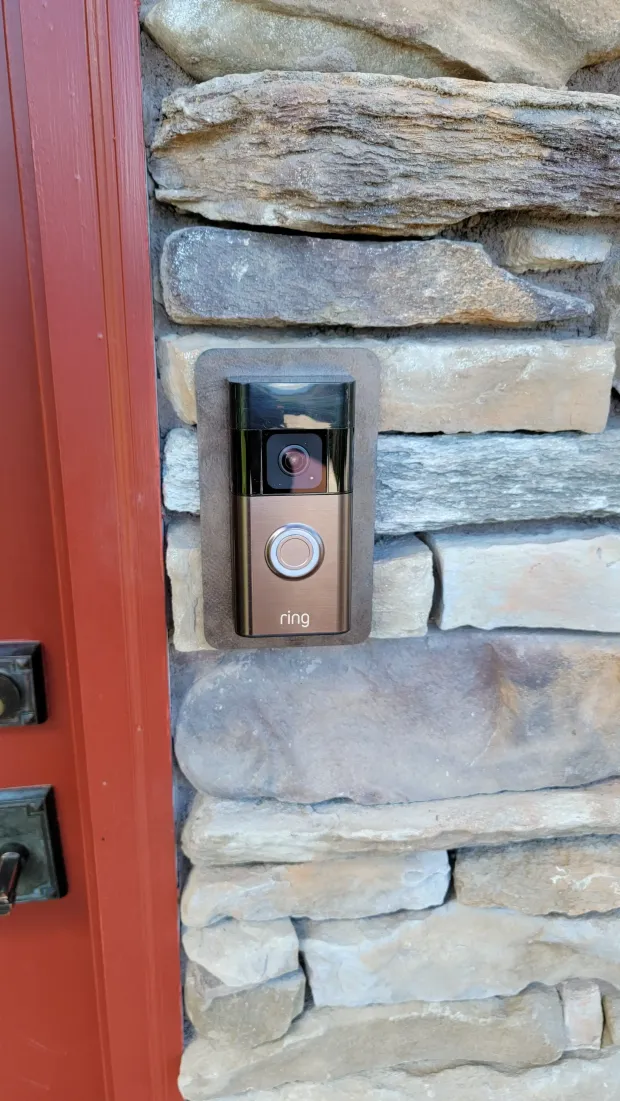 Ring Video Doorbell installed on stone exterior in Missoula MT by Smart Home Solutions