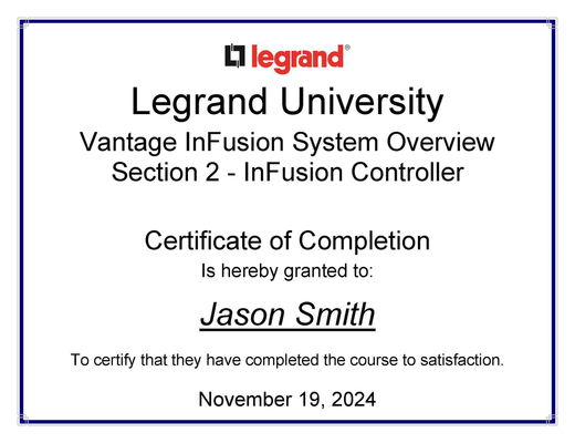 Legrand University Vantage InFusion Controller certificate — Jason Smith