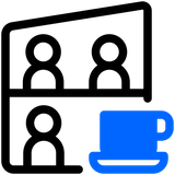 Contorno preto de três pessoas em uma reunião, com uma xícara de café azul e pires no canto inferior direito.