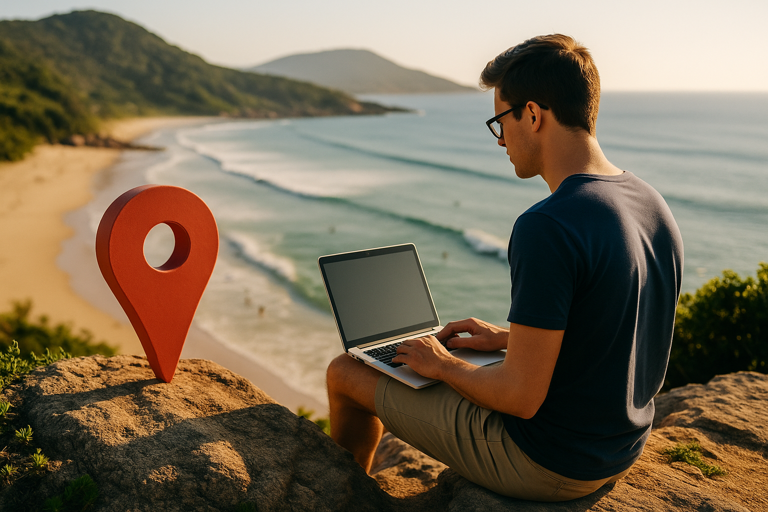 Man working on laptop near a red location pin with ocean in the background.