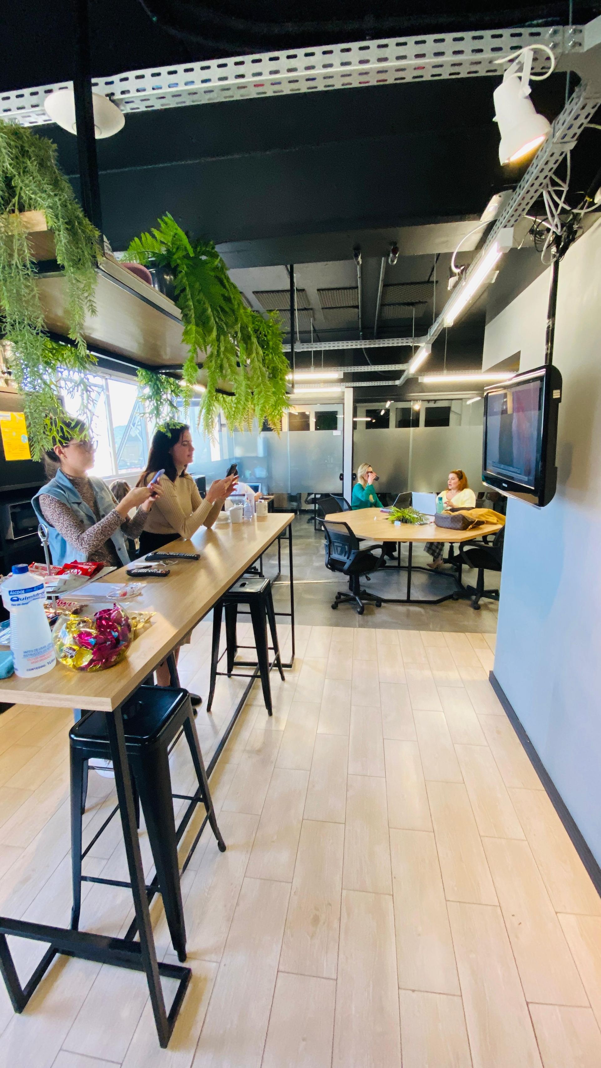 Espaço de coworking moderno com pessoas trabalhando em mesas compridas, plantas suspensas e um corredor aberto e iluminado.