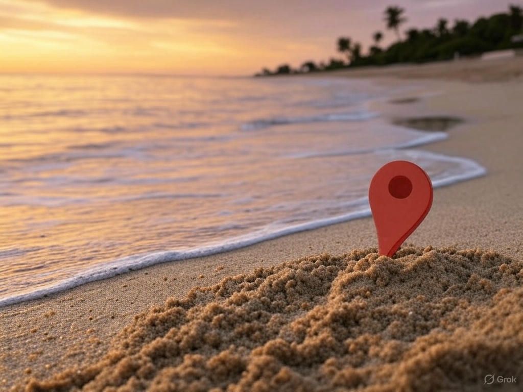 A red pin is sticking out of the sand on a beach.