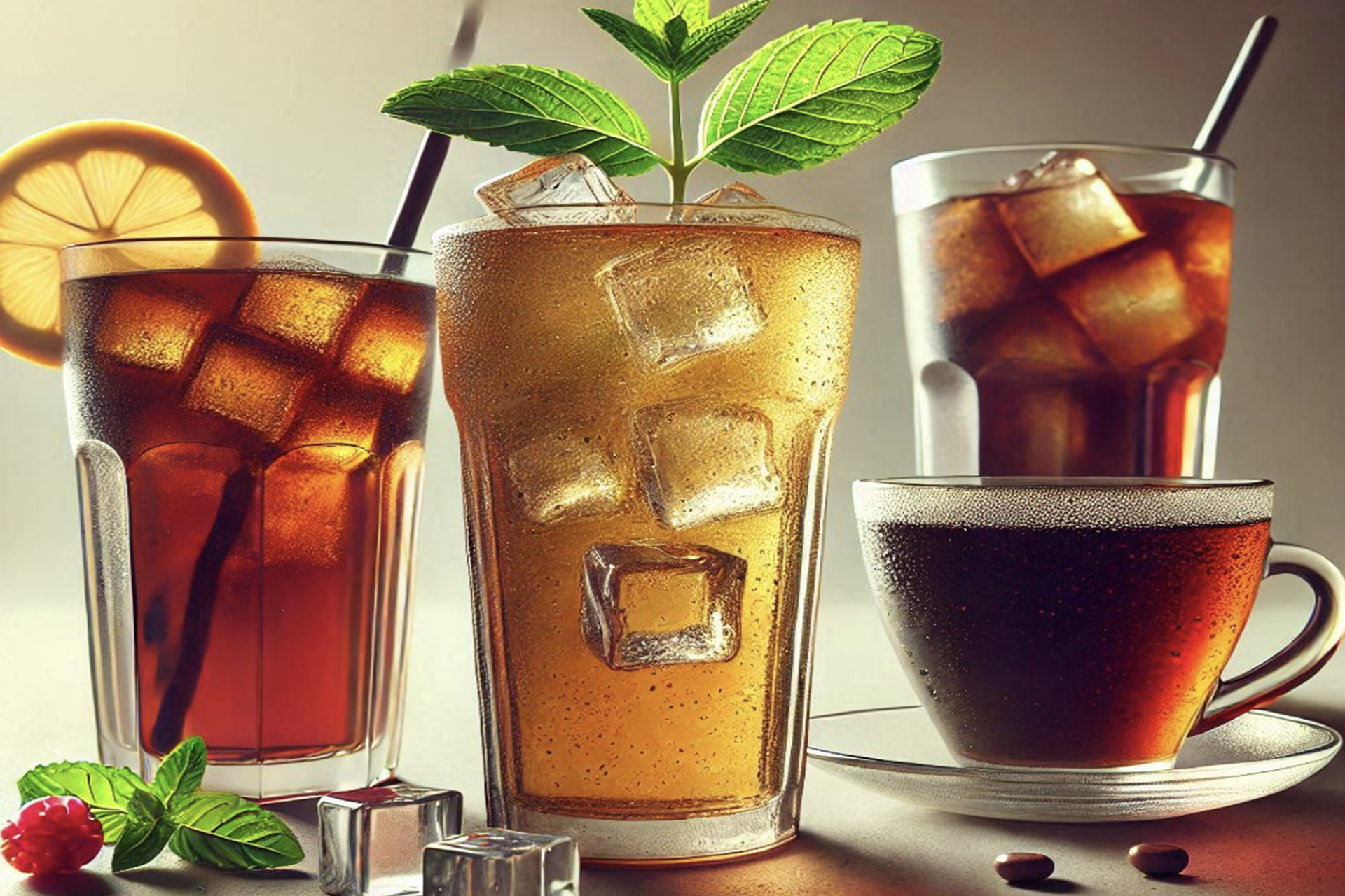 A refreshing glass of iced tea, a steaming cup of coffee, and a chilled glass of soda.